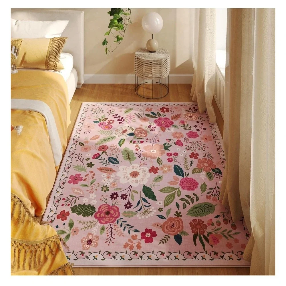 Rugcomf Area Rug Carpet Washable Non Slip Low Pile Boho Floral Pink 3x5 NEW